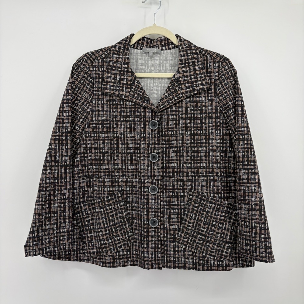 Habitat Women XS Black Tan Grid Button Front Blazer Jacket Art to Wear Box Pleat